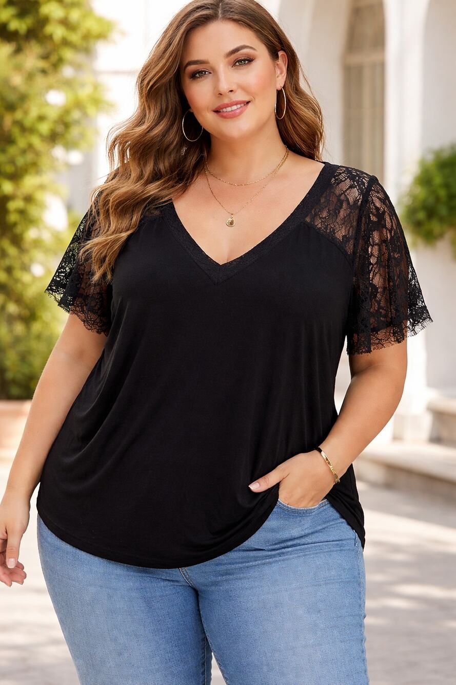 POL Women's Lace Short Sleeve V-Neck Blouse Top Romantic Boho Black Size 3XL